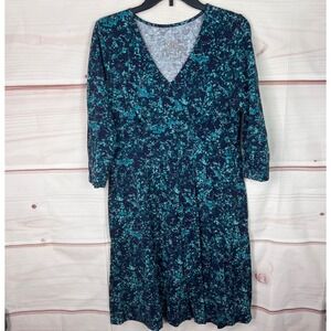 Sahalie Dress Women PL Green Blue Printed A-Line 3/4 Sleeve Knit Pullover V-Neck